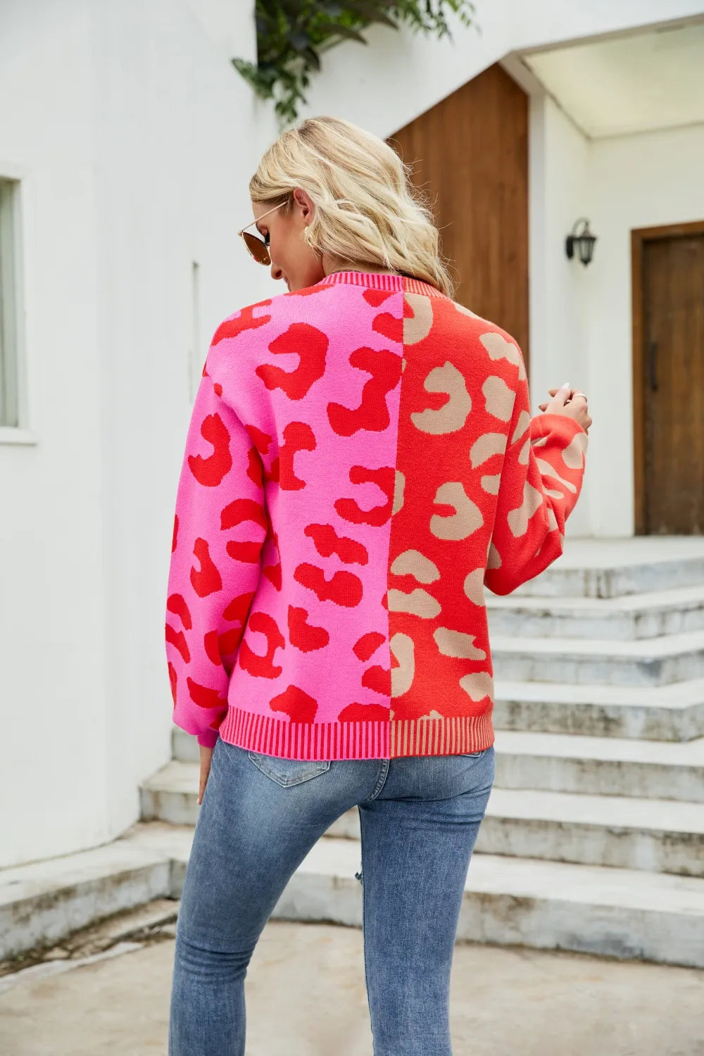 Color Blocked Leopard Print V-Neck Cardigan Sweater