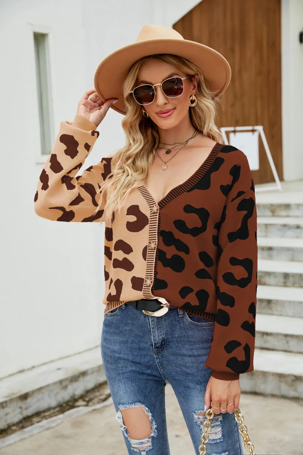 Color Blocked Leopard Print V-Neck Cardigan Sweater