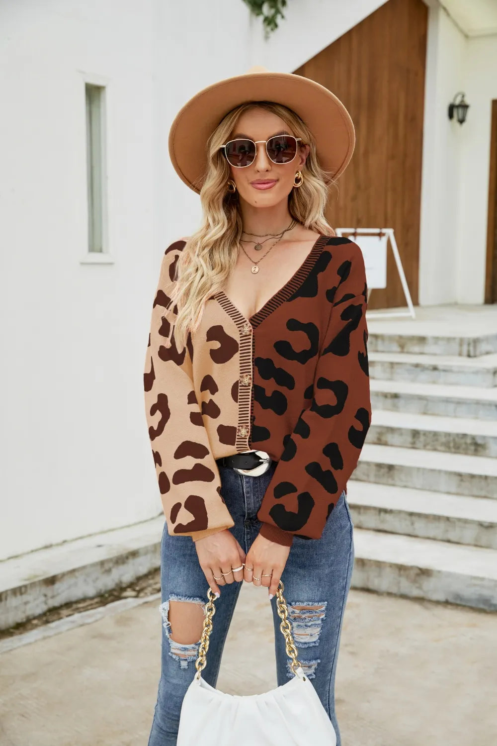 Color Blocked Leopard Print V-Neck Cardigan Sweater