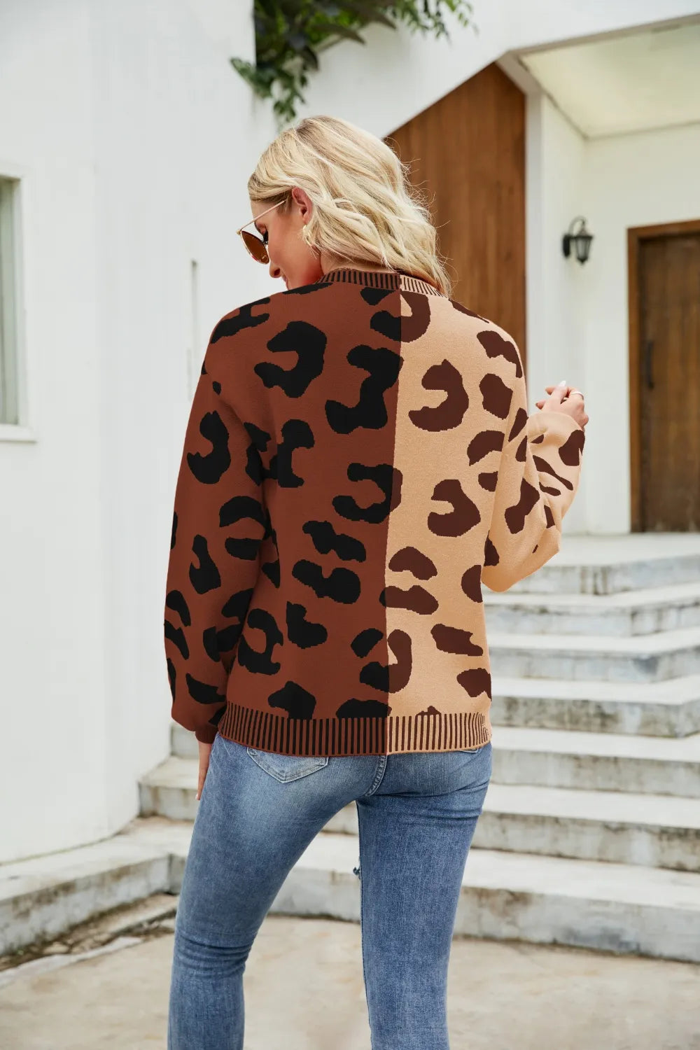 Color Blocked Leopard Print V-Neck Cardigan Sweater