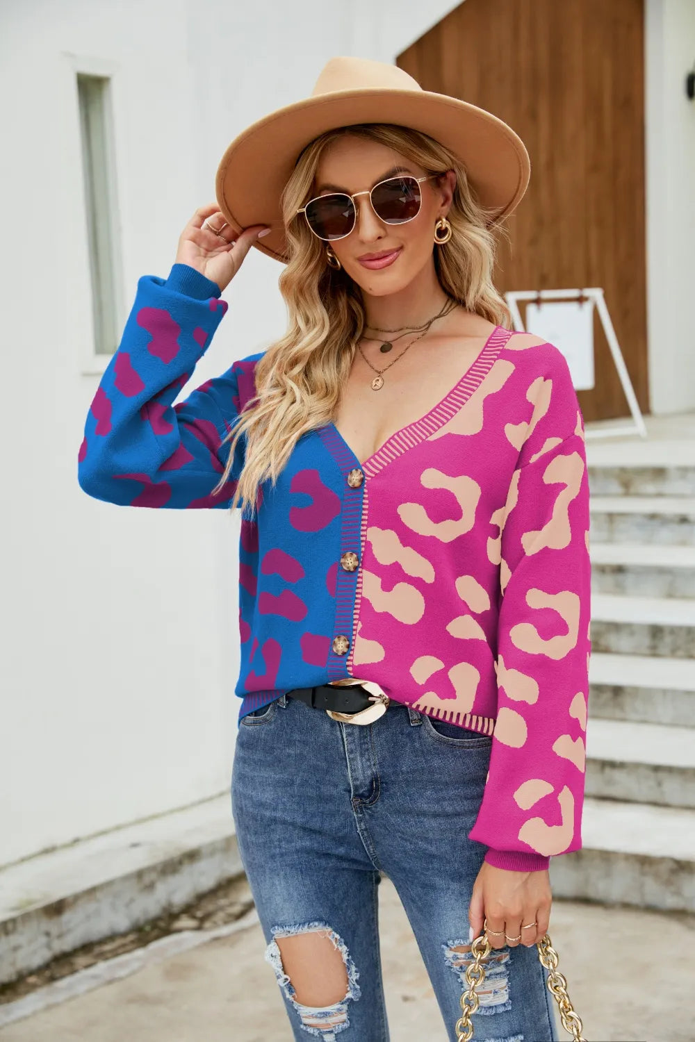 Color Blocked Leopard Print V-Neck Cardigan Sweater
