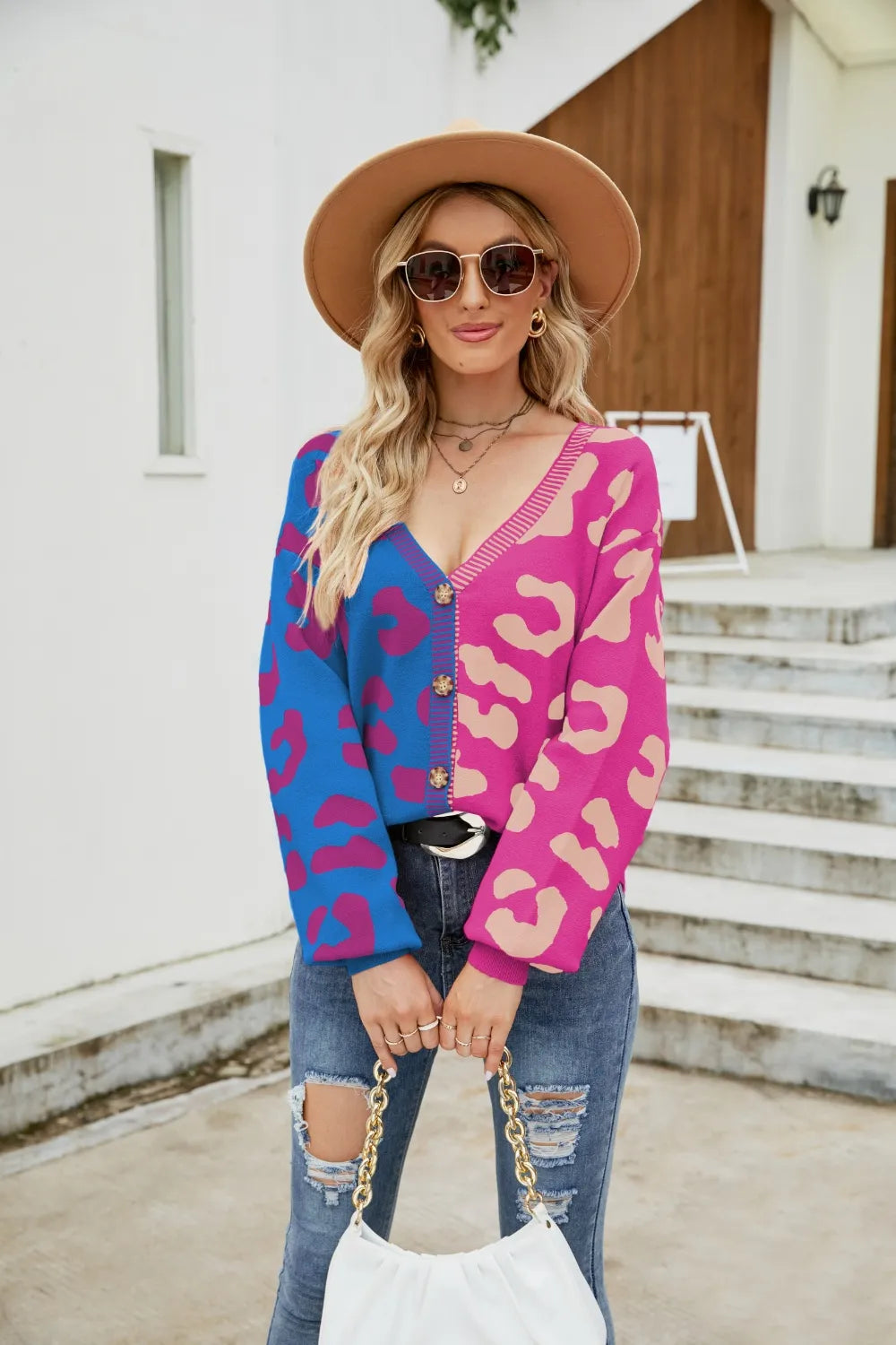 Color Blocked Leopard Print V-Neck Cardigan Sweater