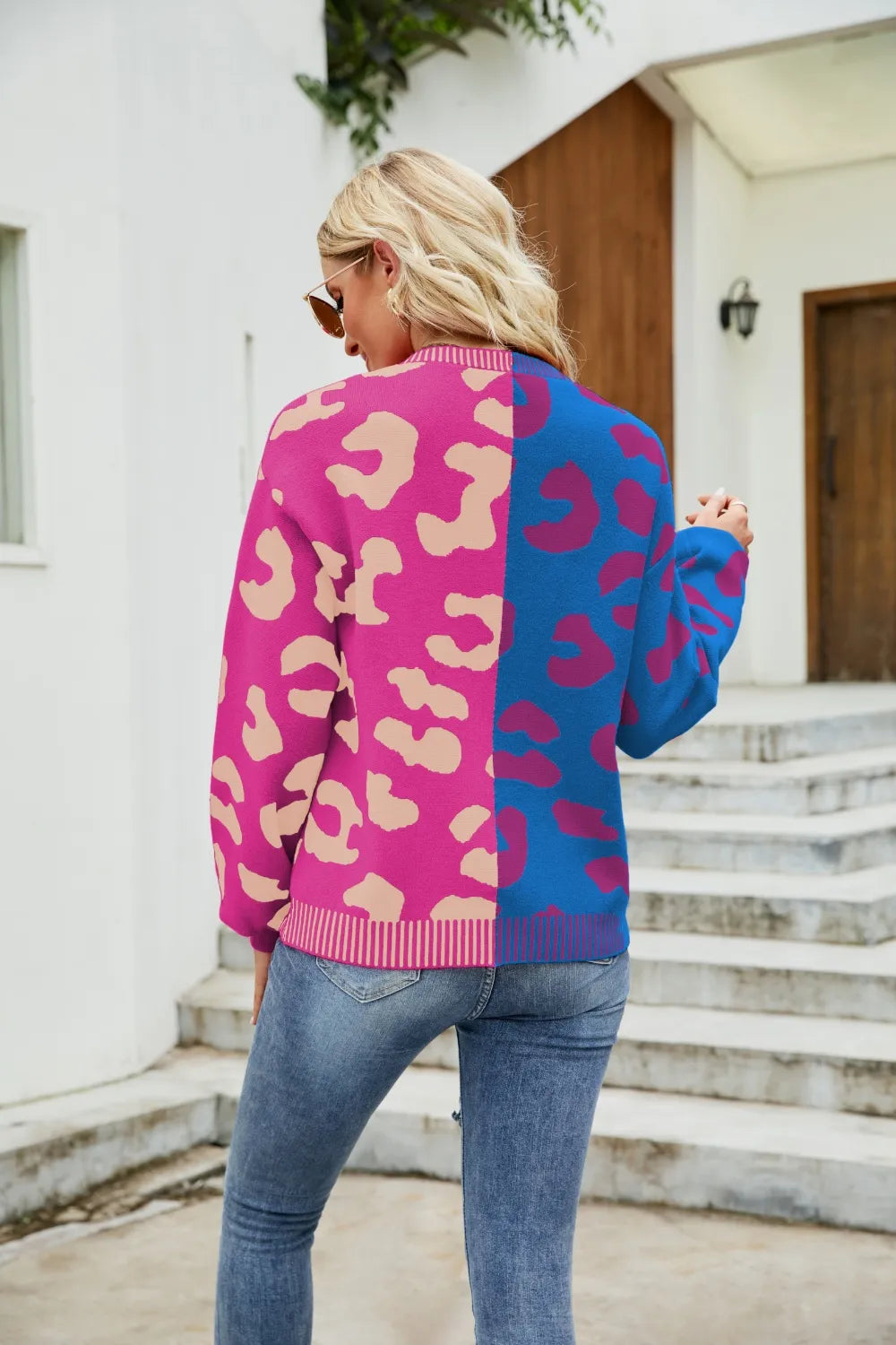 Color Blocked Leopard Print V-Neck Cardigan Sweater