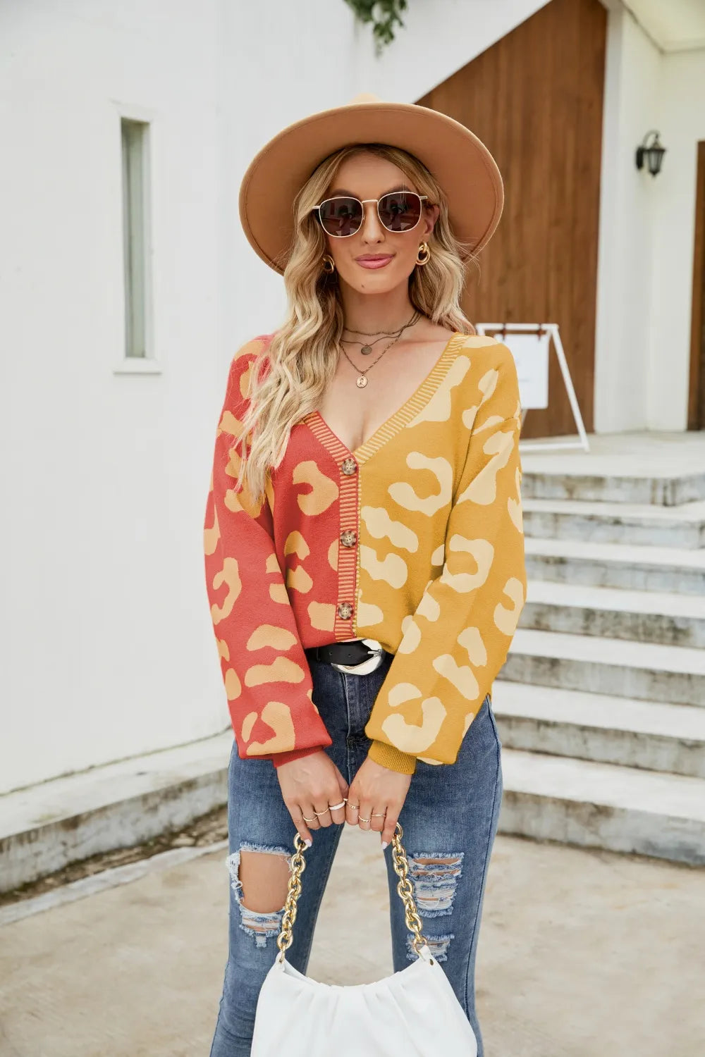 Color Blocked Leopard Print V-Neck Cardigan Sweater