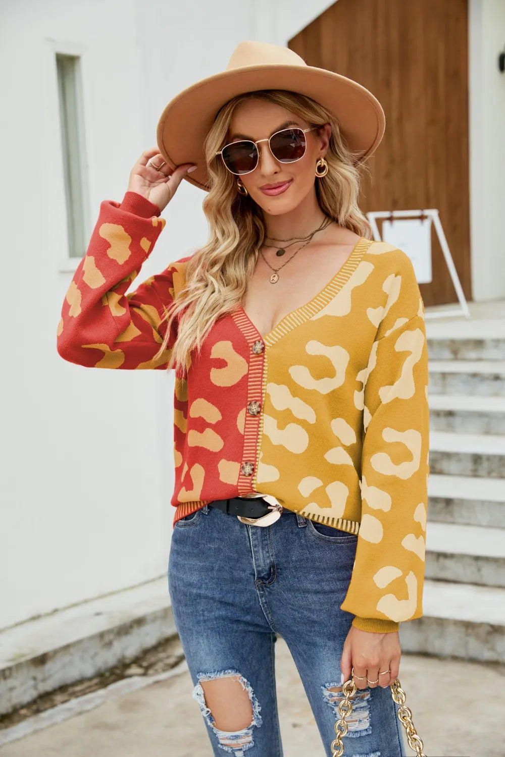 Color Blocked Leopard Print V-Neck Cardigan Sweater