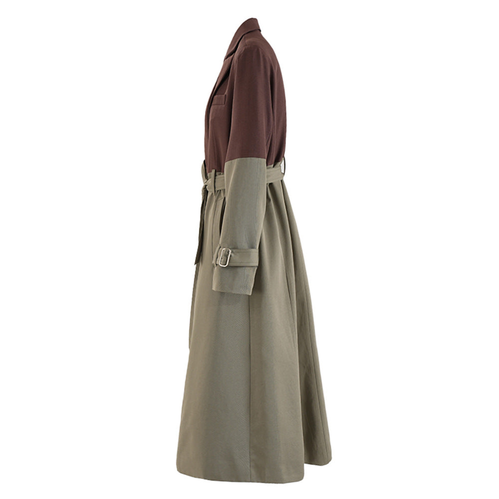 Color blocking patchwork windbreaker women's lace up waist cinched long jacket coat - Korvel