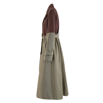Color blocking patchwork windbreaker women's lace up waist cinched long jacket coat - Korvel