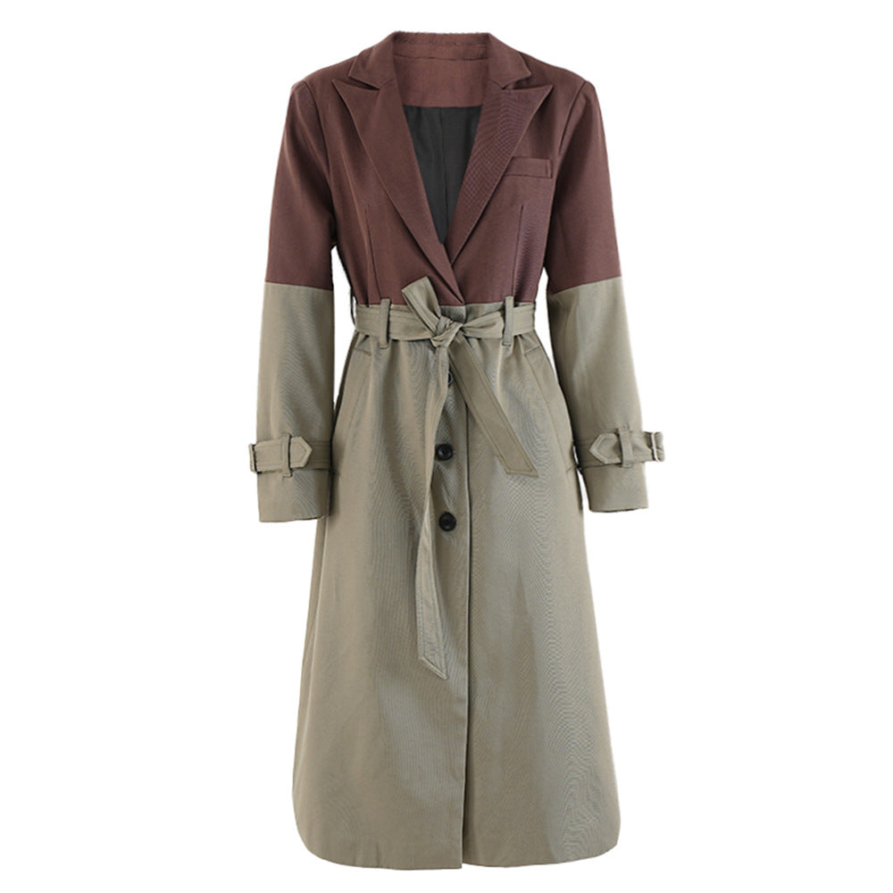 Color blocking patchwork windbreaker women's lace up waist cinched long jacket coat - Korvel