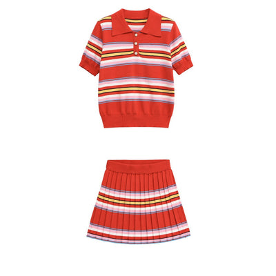 Color blocking striped knit sweater+skirt set for women - Korvel