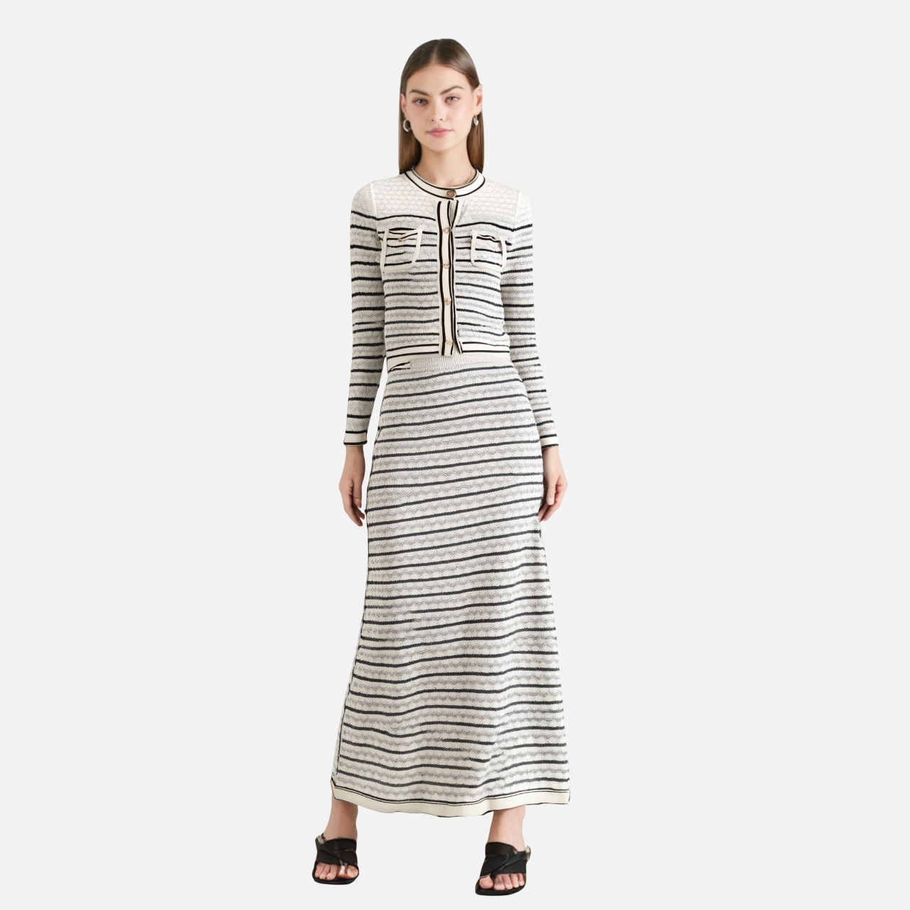 Color blocking striped women's knitted sweater top+striped hollow knitted skirt set for women - Korvel