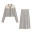 Color blocking striped women's knitted sweater top+striped hollow knitted skirt set for women - Korvel