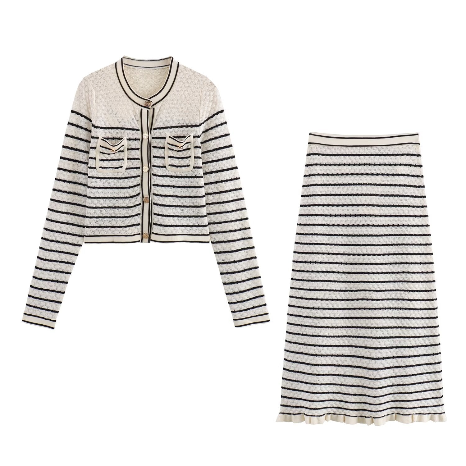 Color blocking striped women's knitted sweater top+striped hollow knitted skirt set for women - Korvel