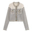 Color blocking striped women's knitted sweater top+striped hollow knitted skirt set for women - Korvel