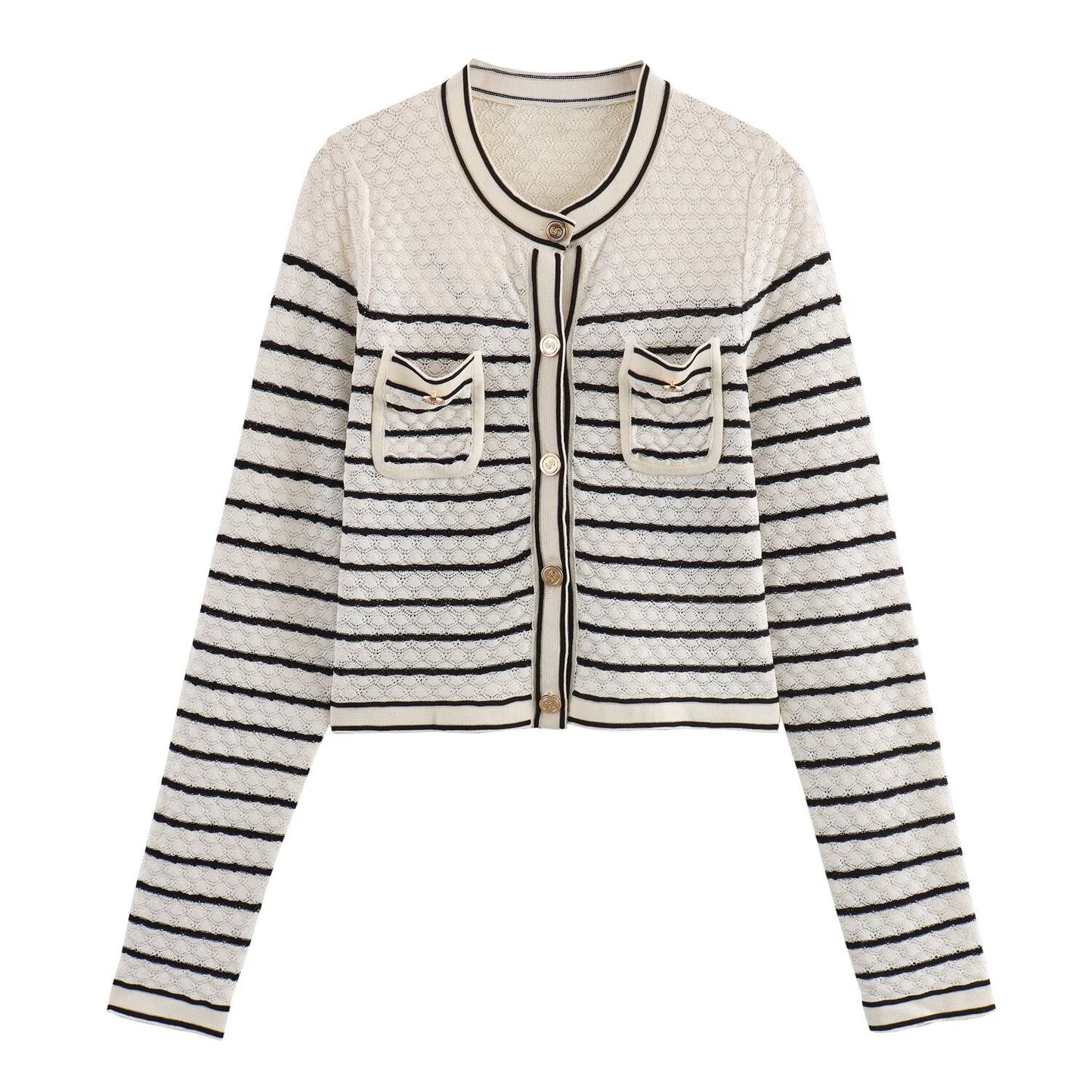 Color blocking striped women's knitted sweater top+striped hollow knitted skirt set for women - Korvel