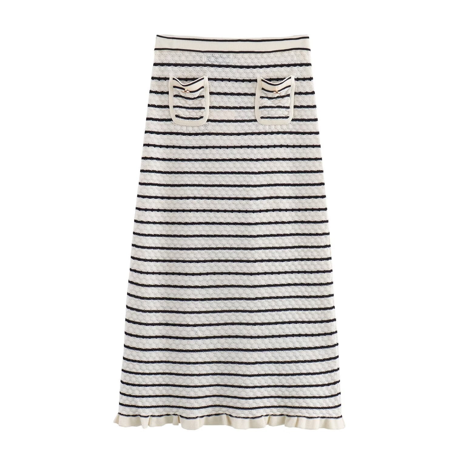 Color blocking striped women's knitted sweater top+striped hollow knitted skirt set for women - Korvel