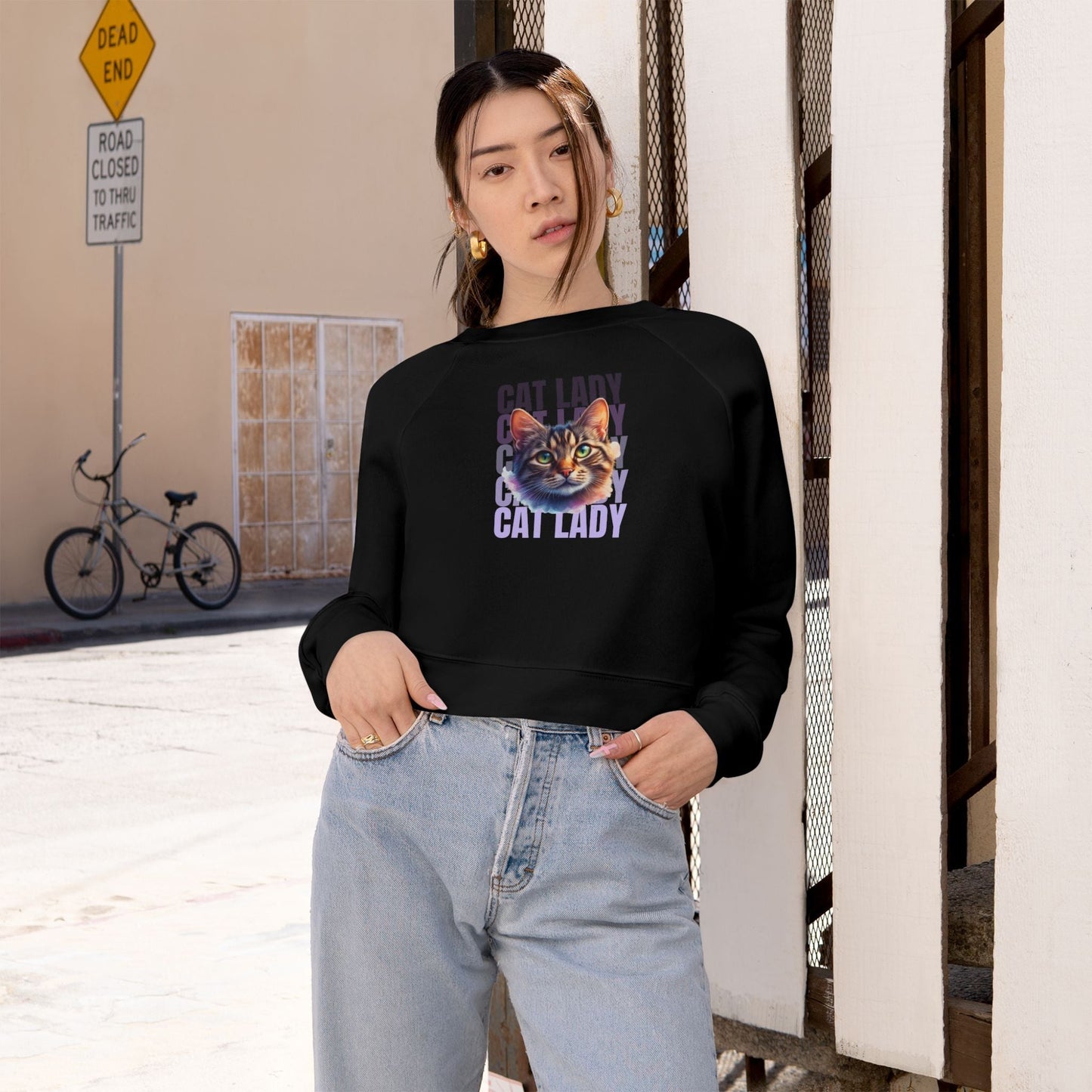 Sudadera de felpa recortada Colorful Cat Lady
