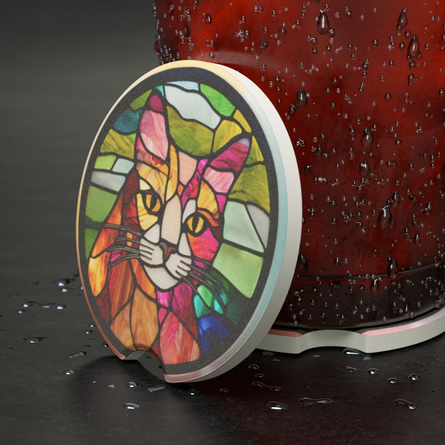 Ensemble de sous-verres en pierre à savon en verre coloré en vitrail de chat
