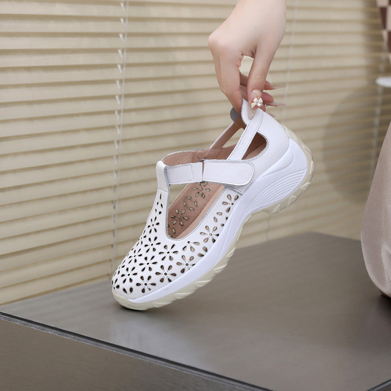 Comfortable flat heeled women's shoes with laser cut holes in the cowhide toe layer sandals with soft low and oversized shoes - Korvel