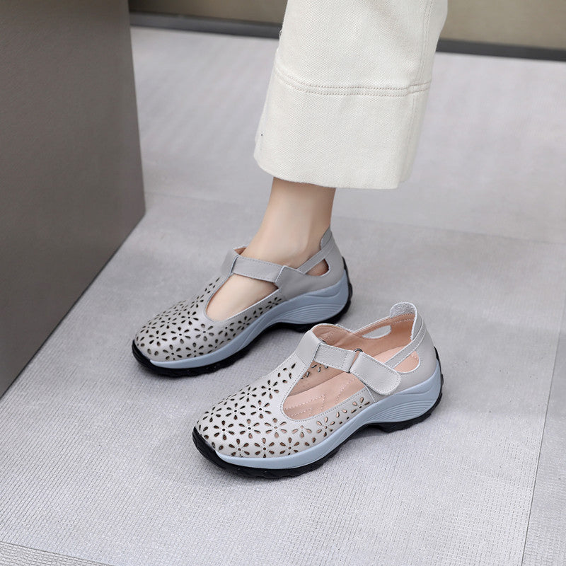 Comfortable flat heeled women's shoes with laser cut holes in the cowhide toe layer sandals with soft low and oversized shoes - Korvel
