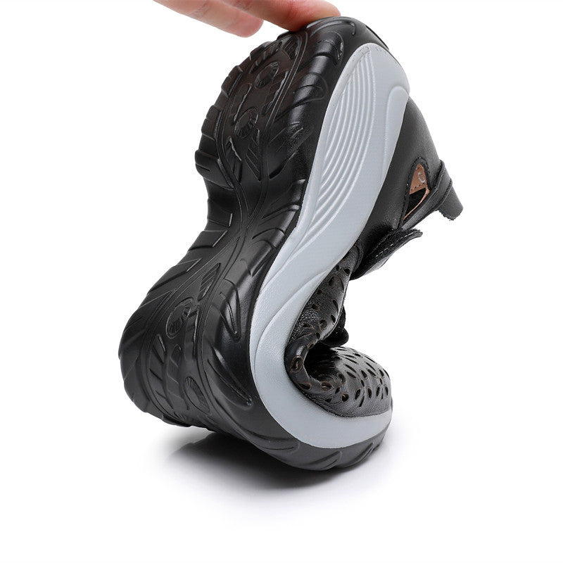 Comfortable flat heeled women's shoes with laser cut holes in the cowhide toe layer sandals with soft low and oversized shoes - Korvel