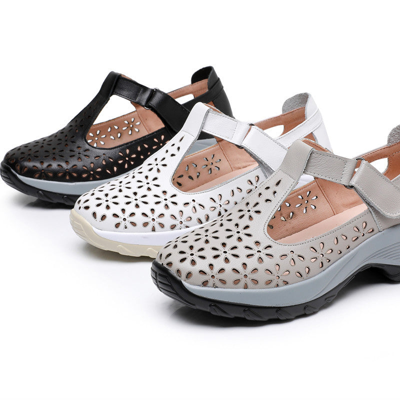 Comfortable flat heeled women's shoes with laser cut holes in the cowhide toe layer sandals with soft low and oversized shoes - Korvel