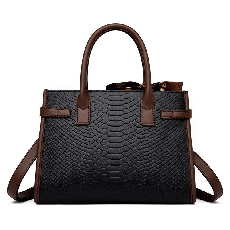 Commuting style women's bag genuine leather embossed snakeskin pattern contrasting color briefcase for women - Korvel