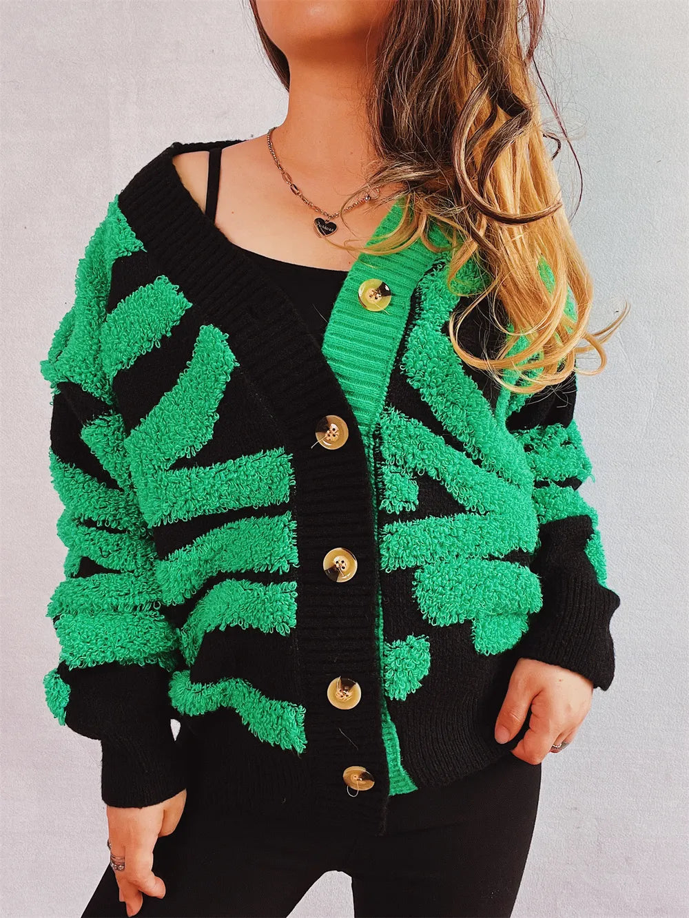 Contrast Button Up Long Sleeve Cardigan - Korvel