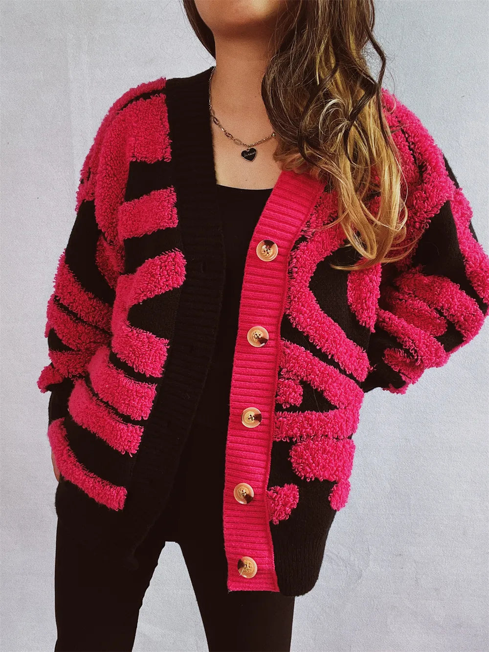 Contrast Button Up Long Sleeve Cardigan - Korvel