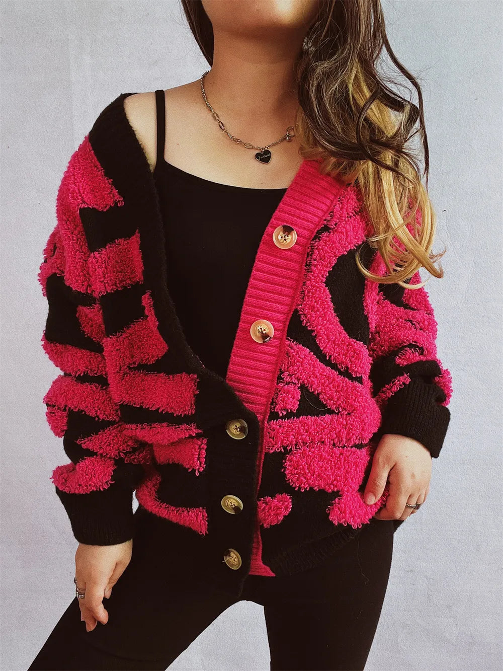Contrast Button Up Long Sleeve Cardigan - Korvel