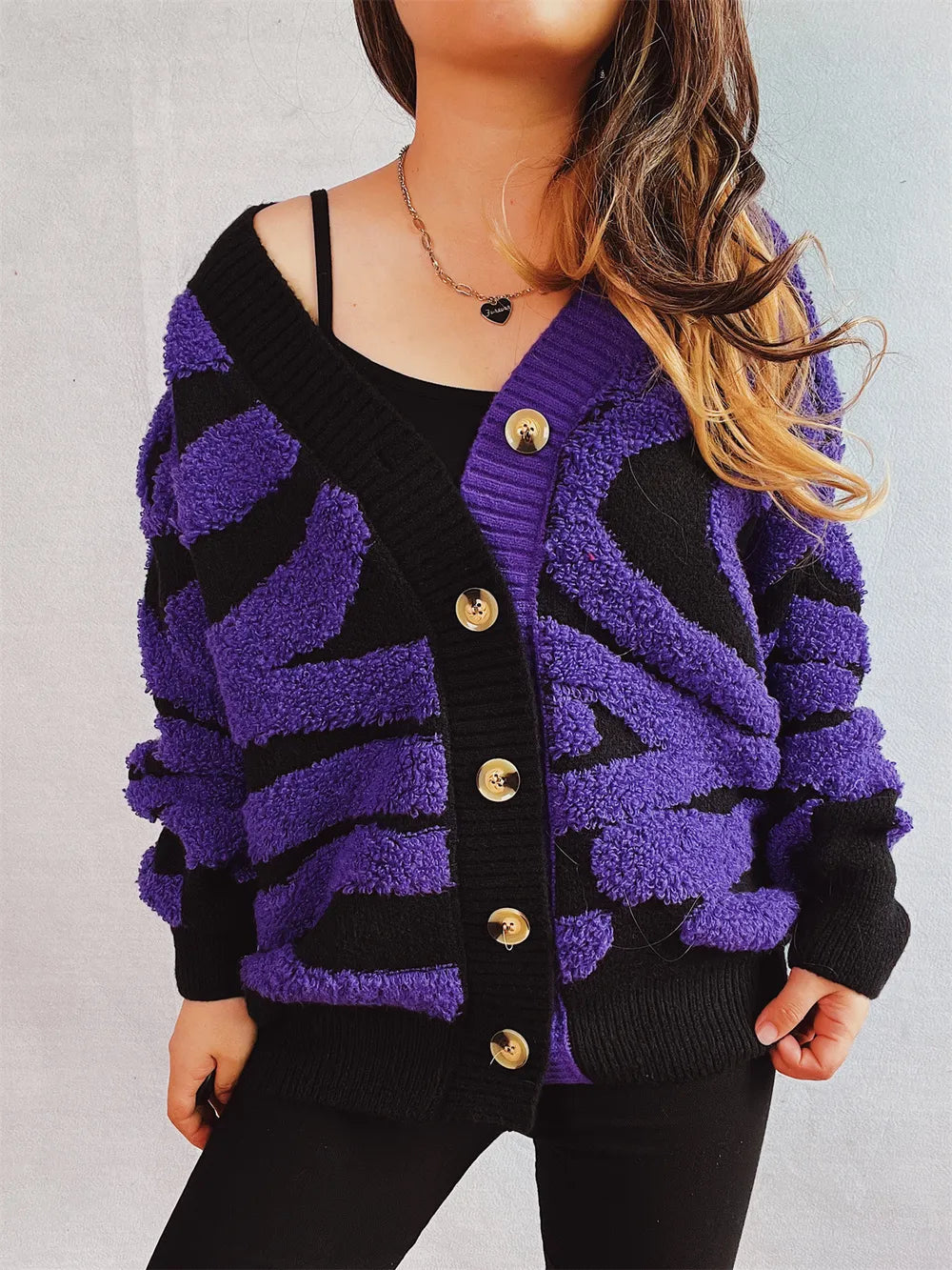 Contrast Button Up Long Sleeve Cardigan - Korvel