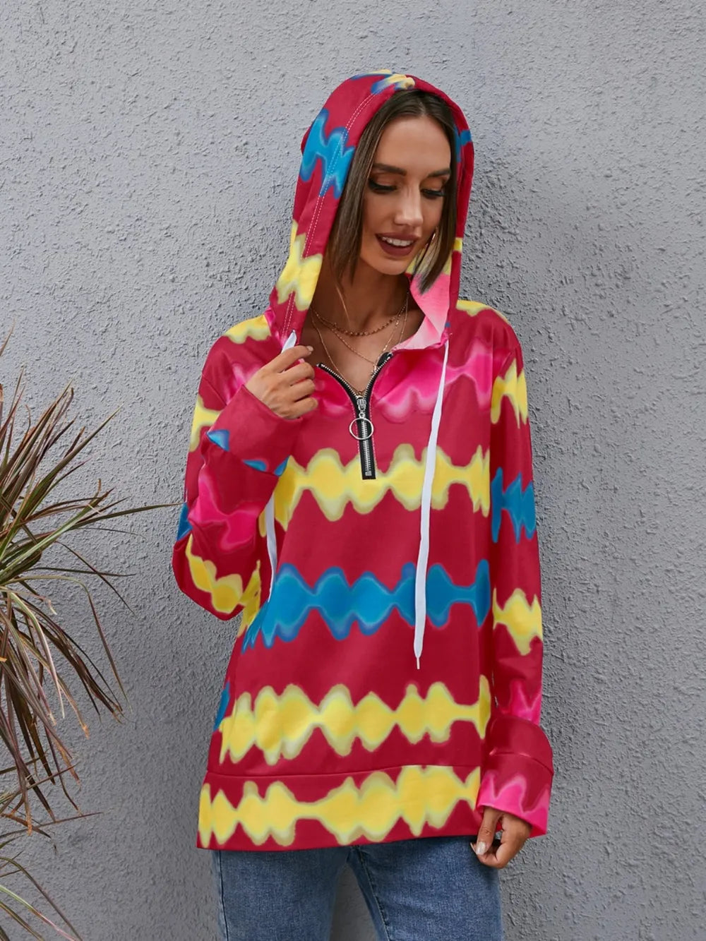 Sudadera con cuello de cremallera y hombros caídos en contraste