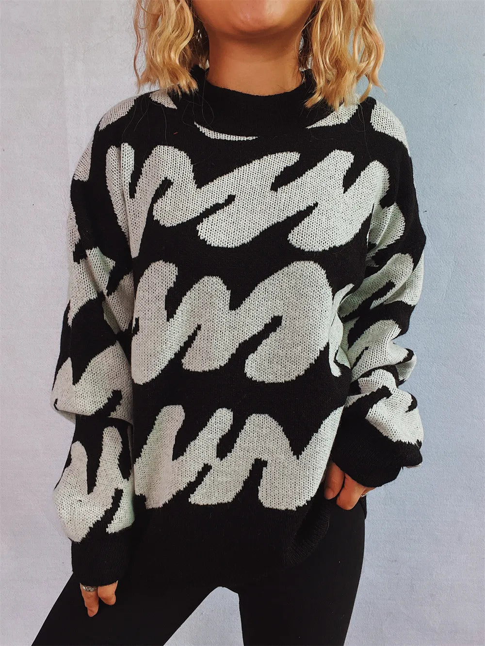 Contrast Round Neck Long Sleeve Sweater - Korvel