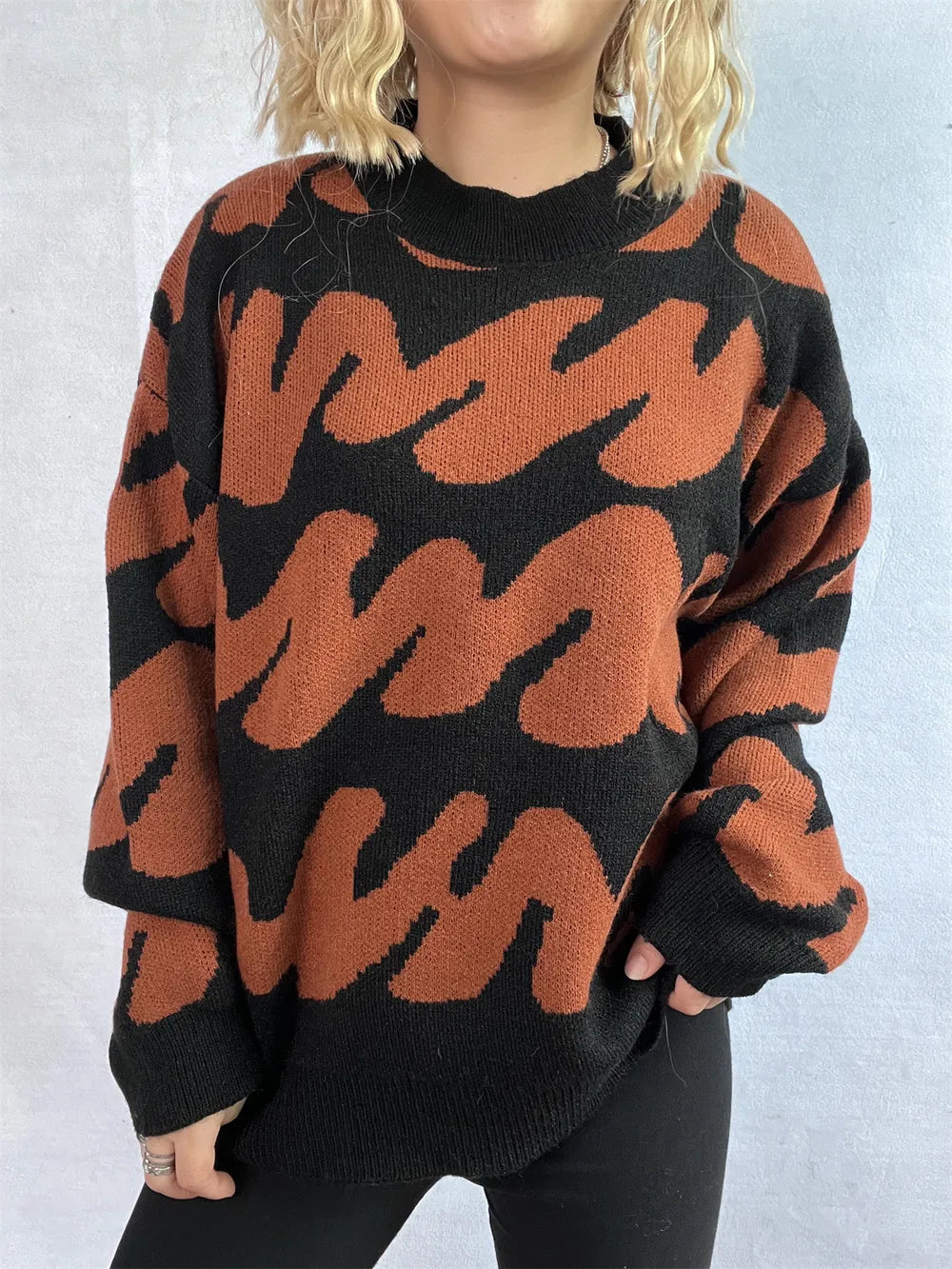 Contrast Round Neck Long Sleeve Sweater - Korvel