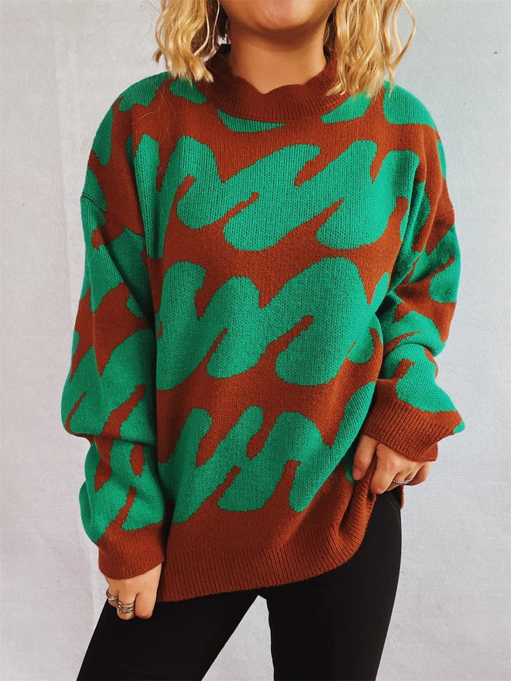 Contrast Round Neck Long Sleeve Sweater - Korvel
