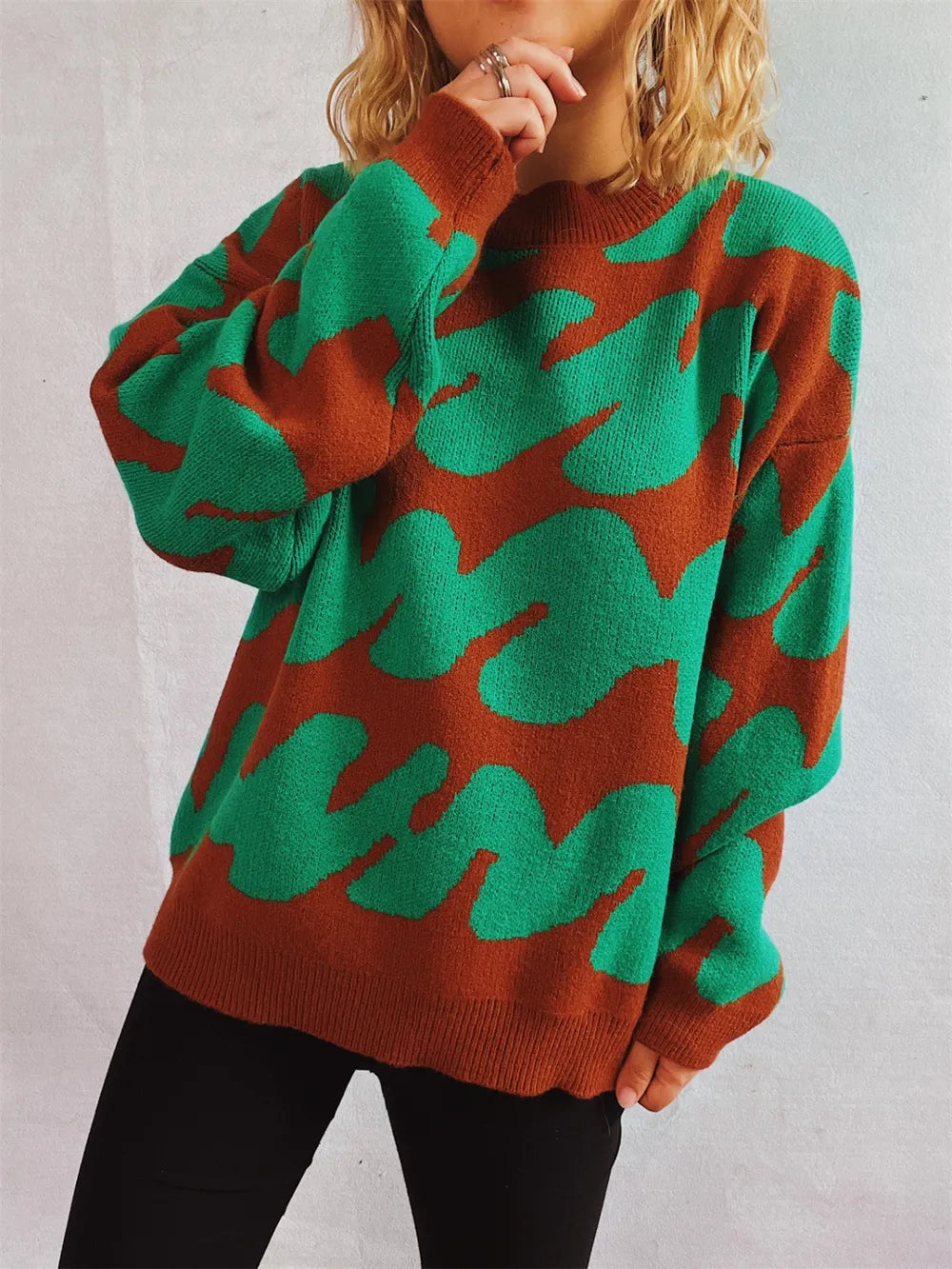 Contrast Round Neck Long Sleeve Sweater - Korvel