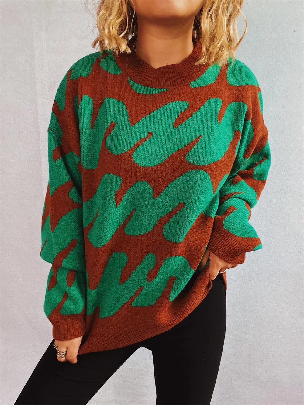 Contrast Round Neck Long Sleeve Sweater - Korvel