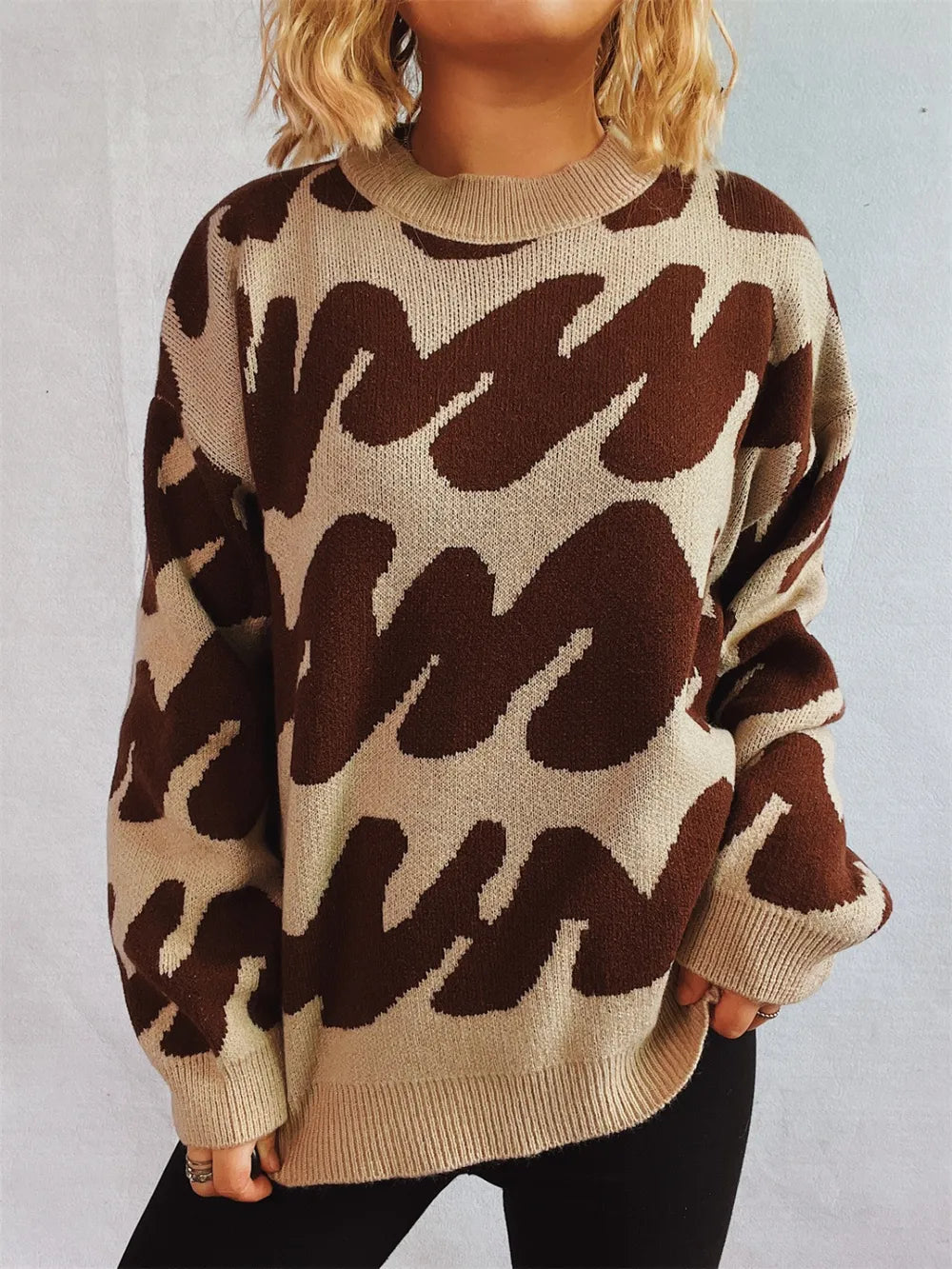 Contrast Round Neck Long Sleeve Sweater - Korvel