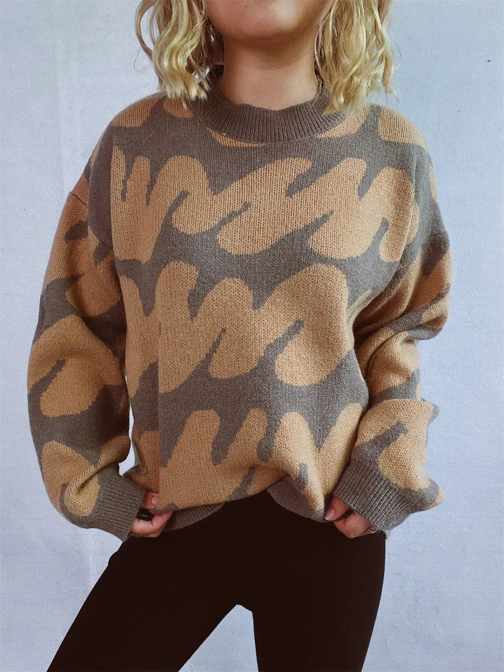 Contrast Round Neck Long Sleeve Sweater - Korvel