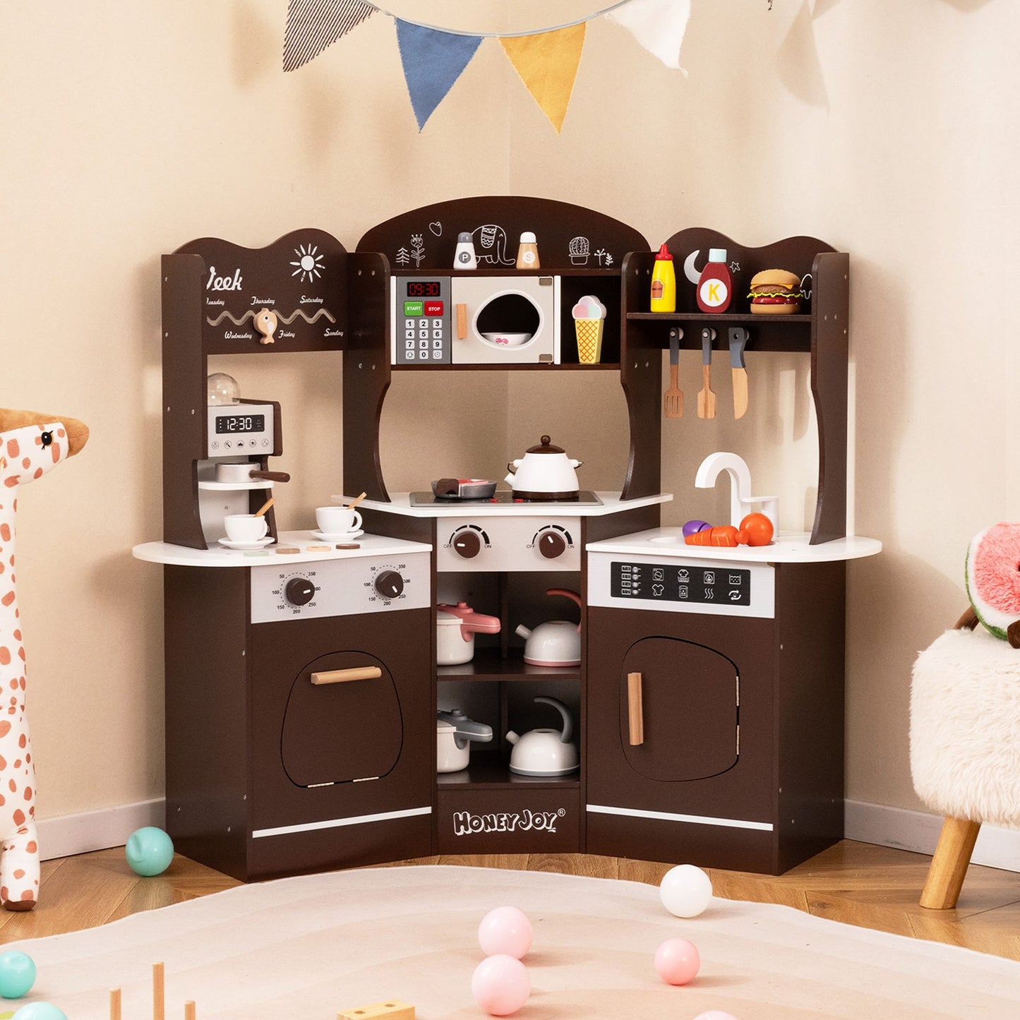 Corner Wooden Play Kitchen with Coffee Machine and Slide