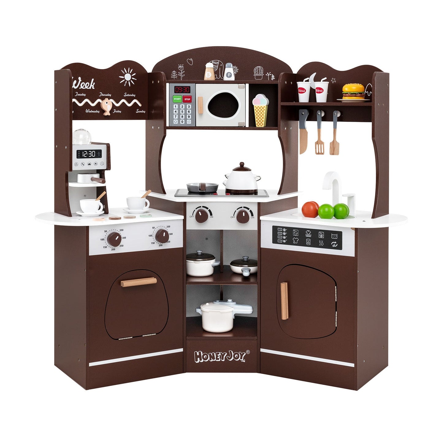 Corner Wooden Play Kitchen with Coffee Machine and Slide