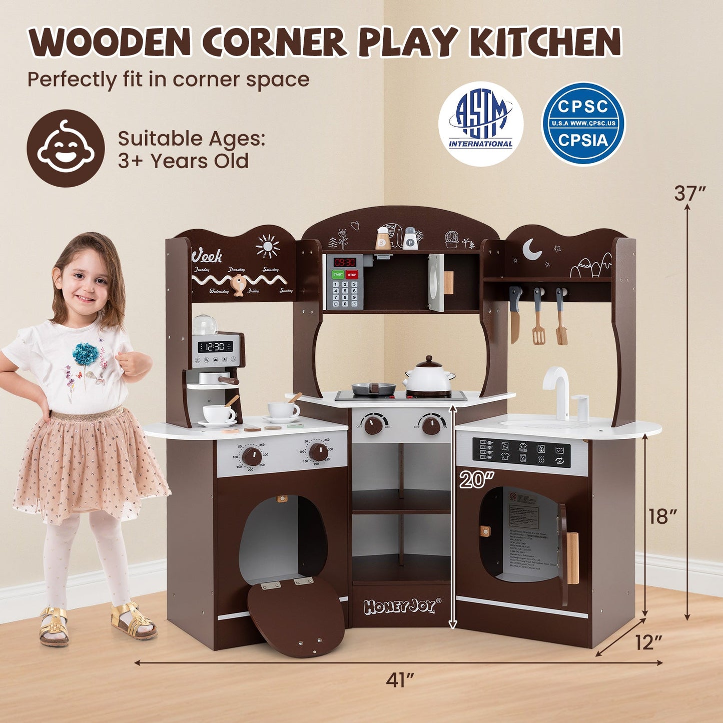 Corner Wooden Play Kitchen with Coffee Machine and Slide