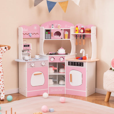 Cocina de Madera en Esquina con Máquina de Café - Rosa