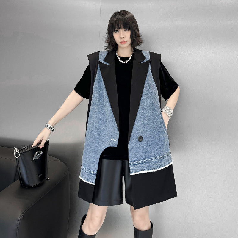 Cowboy patchwork suit vest women's irregular fashion vest jacket - Korvel