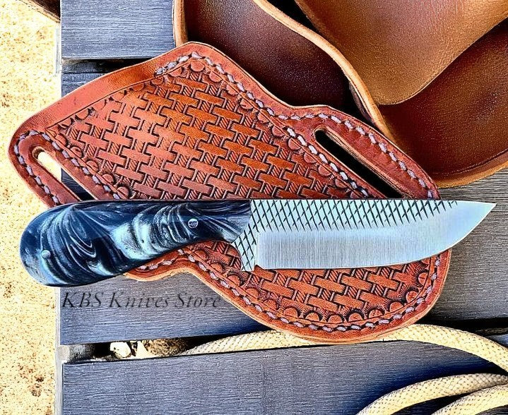 Premium Handmade Cross Draw Knife with Leather Sheath – Rasp Steel Blade & Unique Resin Handle - Korvel