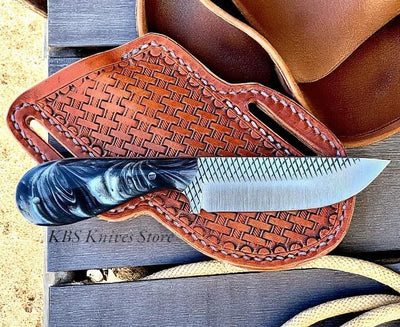Premium Handmade Cross Draw Knife with Leather Sheath – Rasp Steel Blade & Unique Resin Handle - Korvel