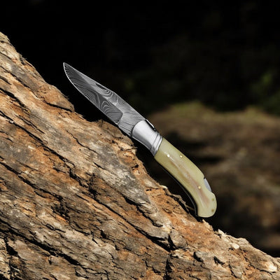 Artisan Crafted Cowboy Folding Knife – 3.75” Damascus Blade with Bone Handle - Korvel