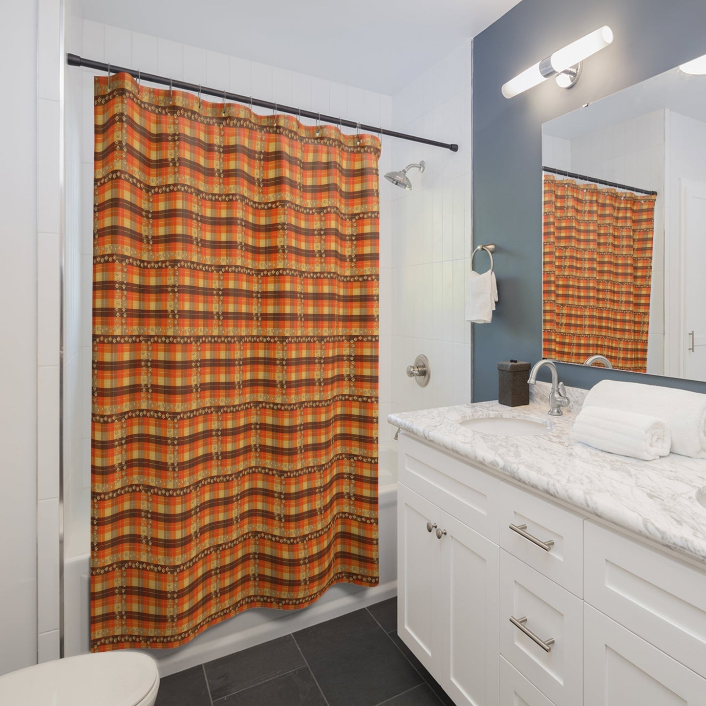 Rideau de douche en plaid confortable avec empreintes de pattes