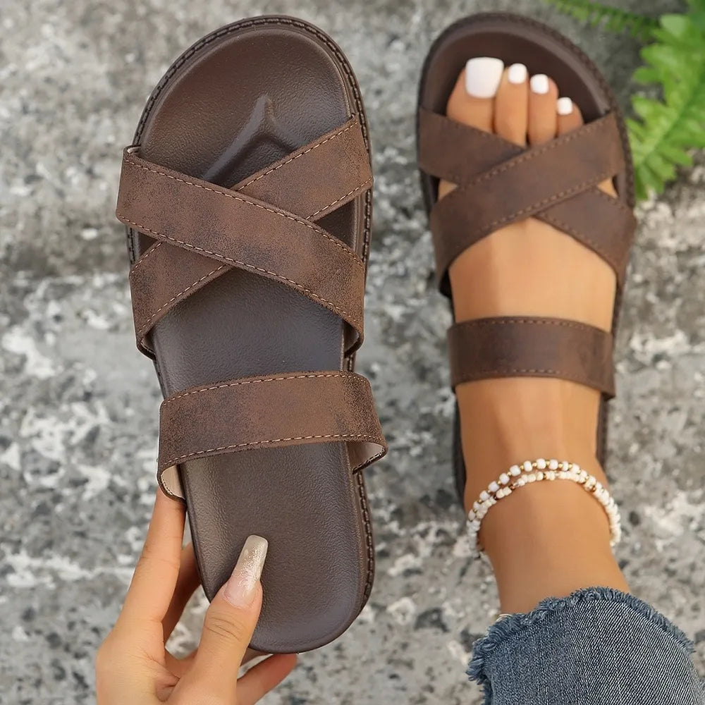 Sandalias Planas de Cuero PU entrecruzadas