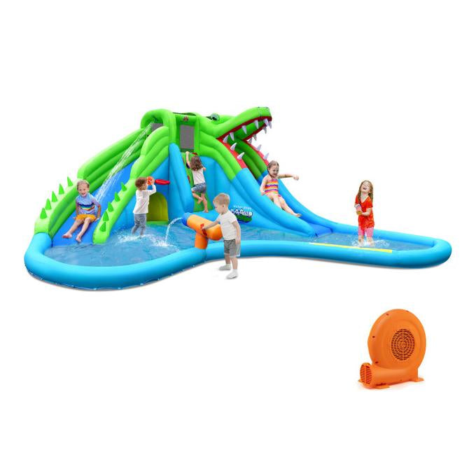 Tobogán de Agua Inflable Cocodrilo con Castillo Inflable y Ventilador