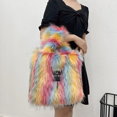 Crossbody Tote Bag Imitation Raccoon Fur Grass Plush Large Capacity Tote Bag Personalized Retro - Korvel